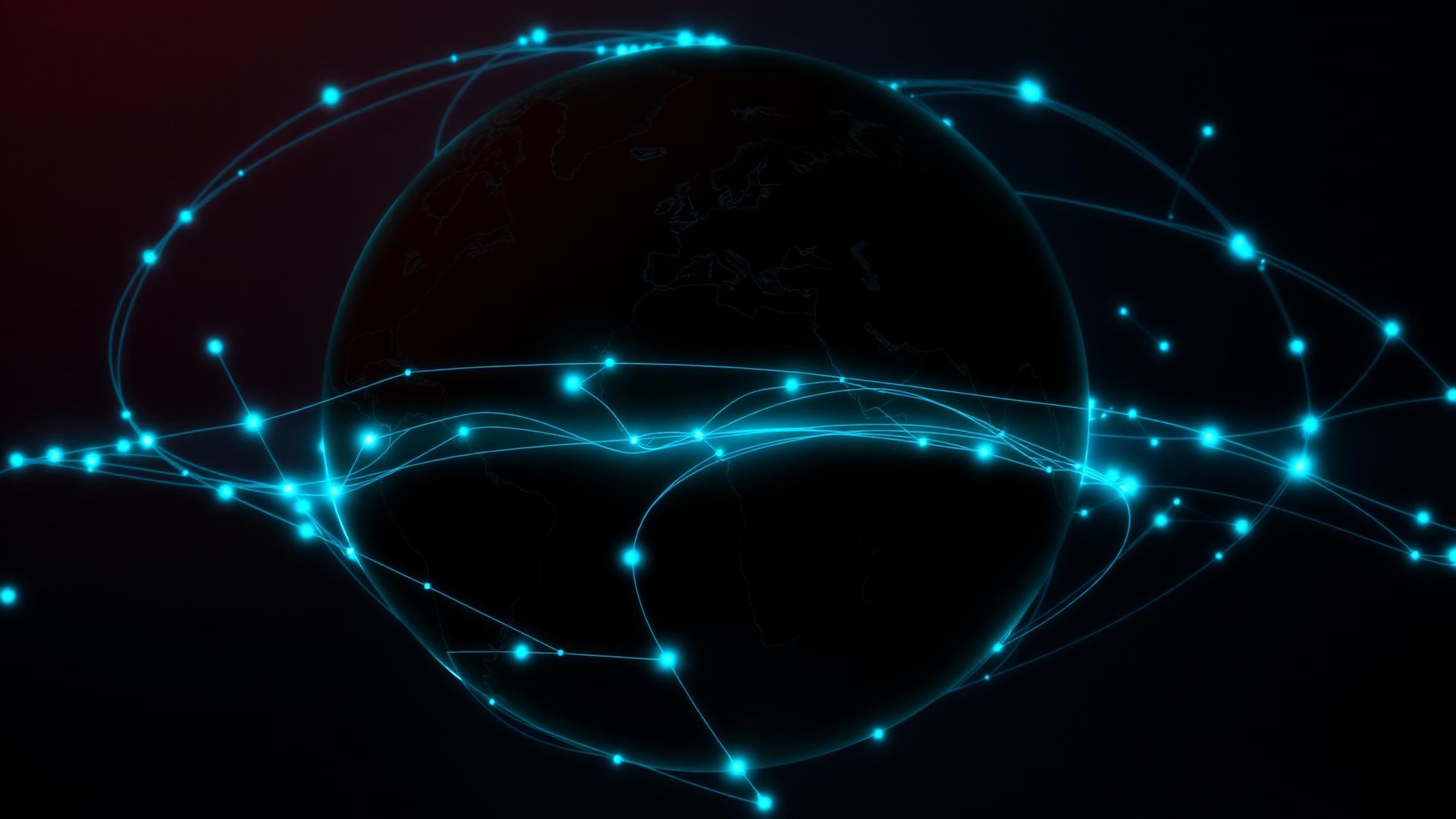 Digital network connections spanning a dark globe