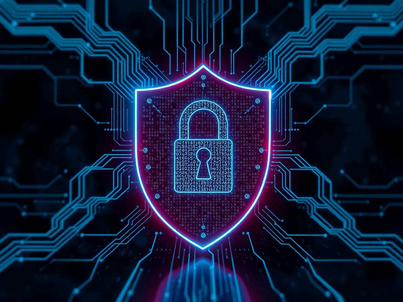 Cybersecurity concept with a glowing digital shield and circuitry