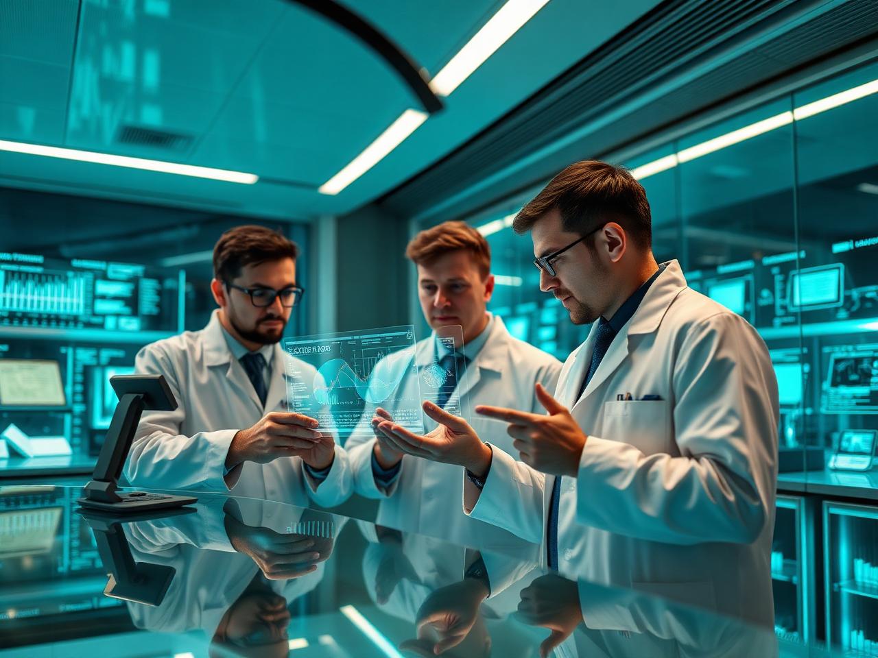 Engineers reviewing holographic data in a modern research lab