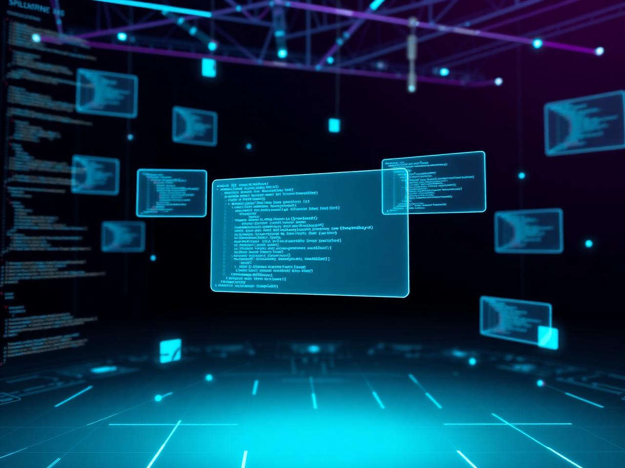 Abstract visualization of software development with floating code panels