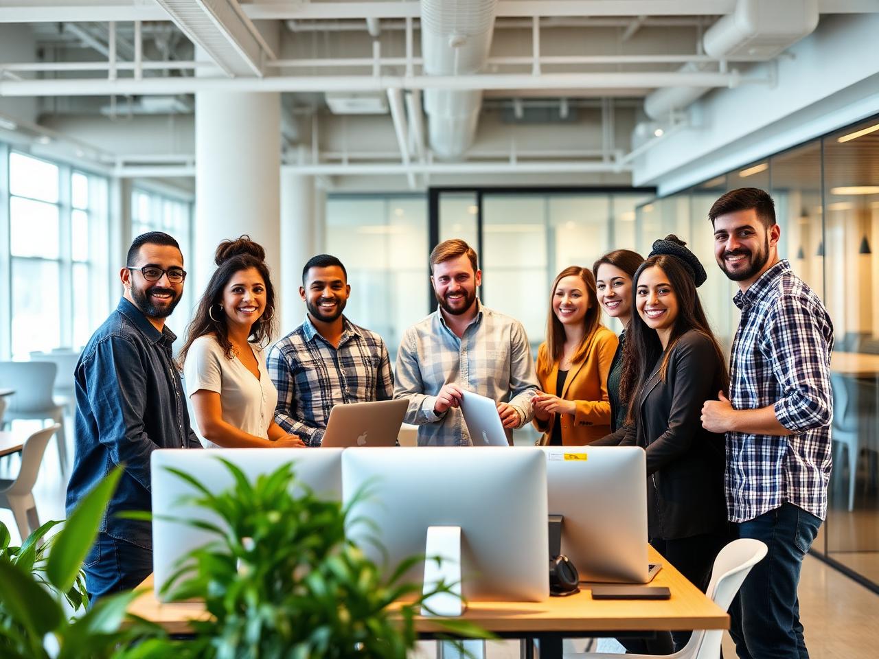Diverse SES Technologies team smiling together in an open office